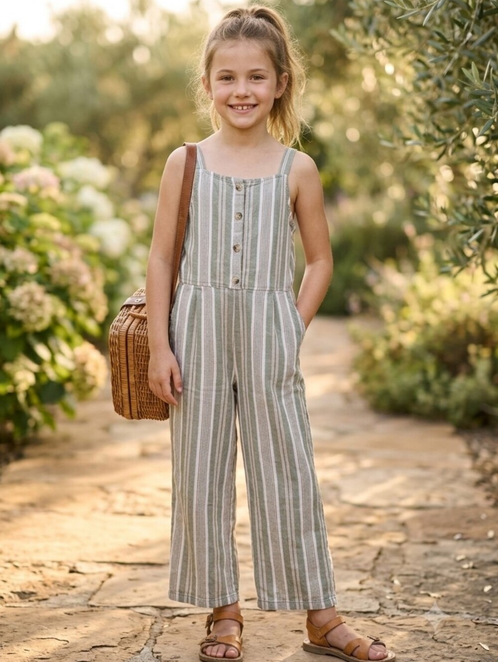 OshKosh B'gosh Girls Striped Jumpsuit Size 8 Olive Green Pink Boho Linen Blend
